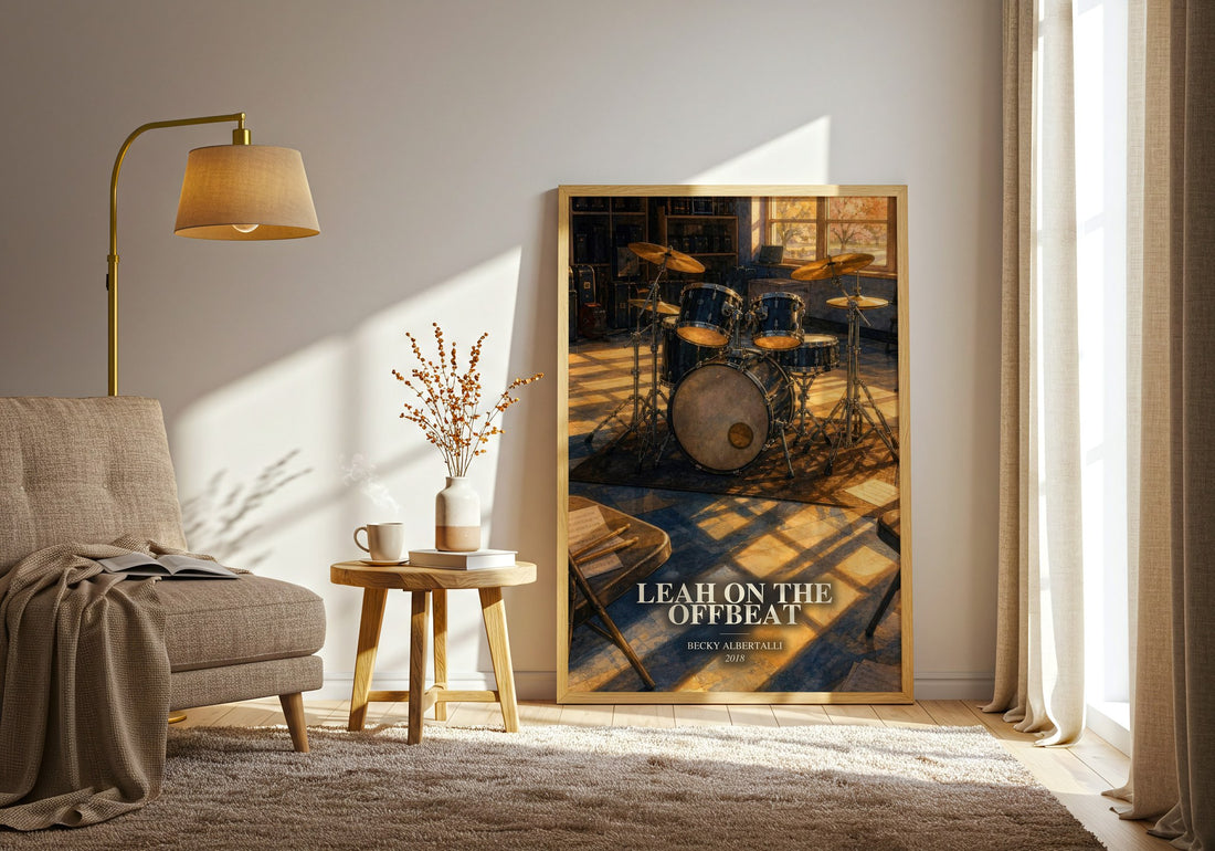 Leah on the offbeat watercolour print in frame leaning in hallway – young adult wall art