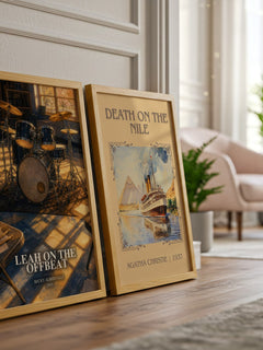 Leah on the offbeat watercolour print framed by window – literary home decor