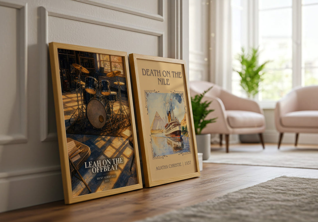 Leah on the offbeat watercolour print framed by window – literary home decor