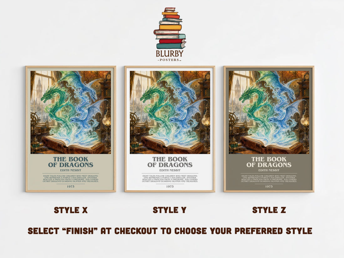 The Book of Dragons bookish print in frame leaning in hallway – childrens wall art (mockup)