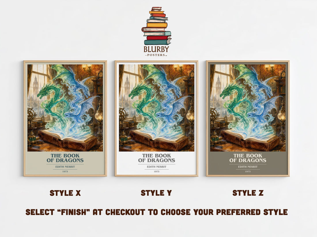 The Book of Dragons book cover print in frame leaning in hallway – childrens wall art (mockup)
