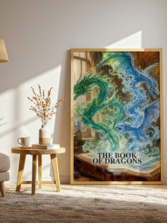 The Book of Dragons watercolour print in frame leaning in hallway – childrens wall art