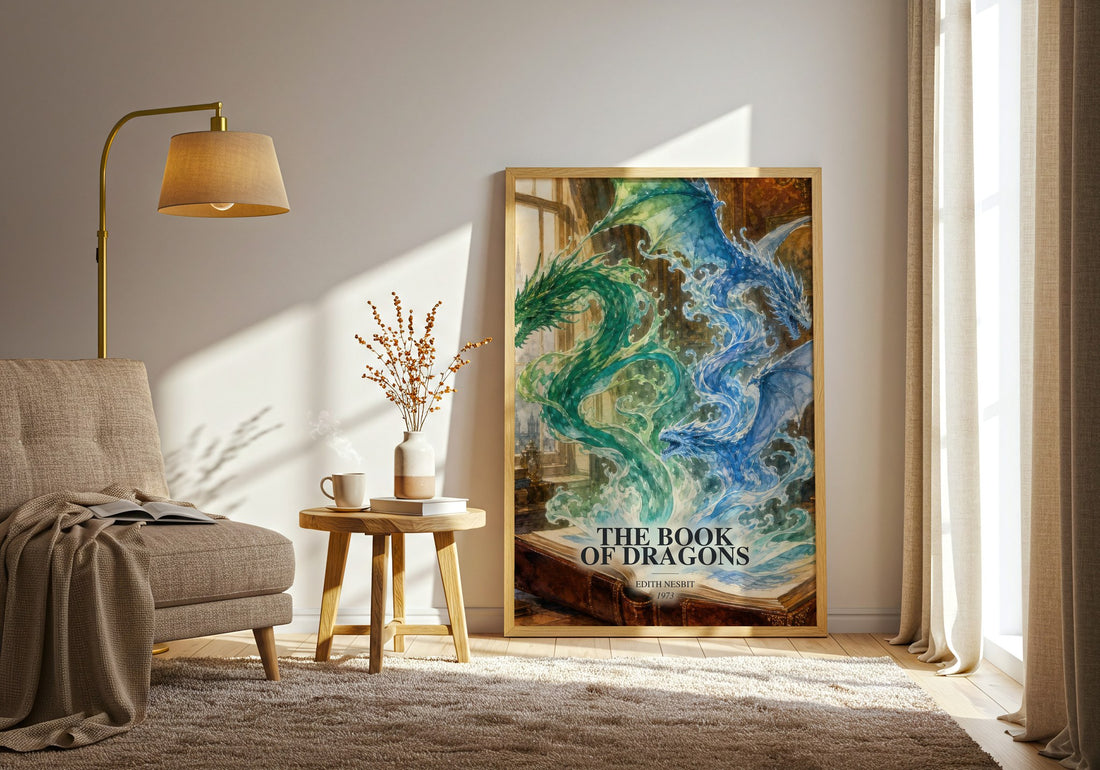 The Book of Dragons watercolour print in frame leaning in hallway – childrens wall art