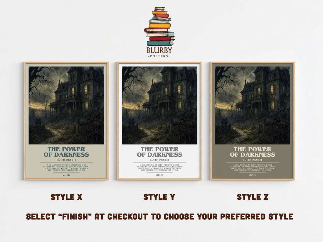 The Power of Darkness bookish print in frame leaning in hallway – gothic wall art (mockup)