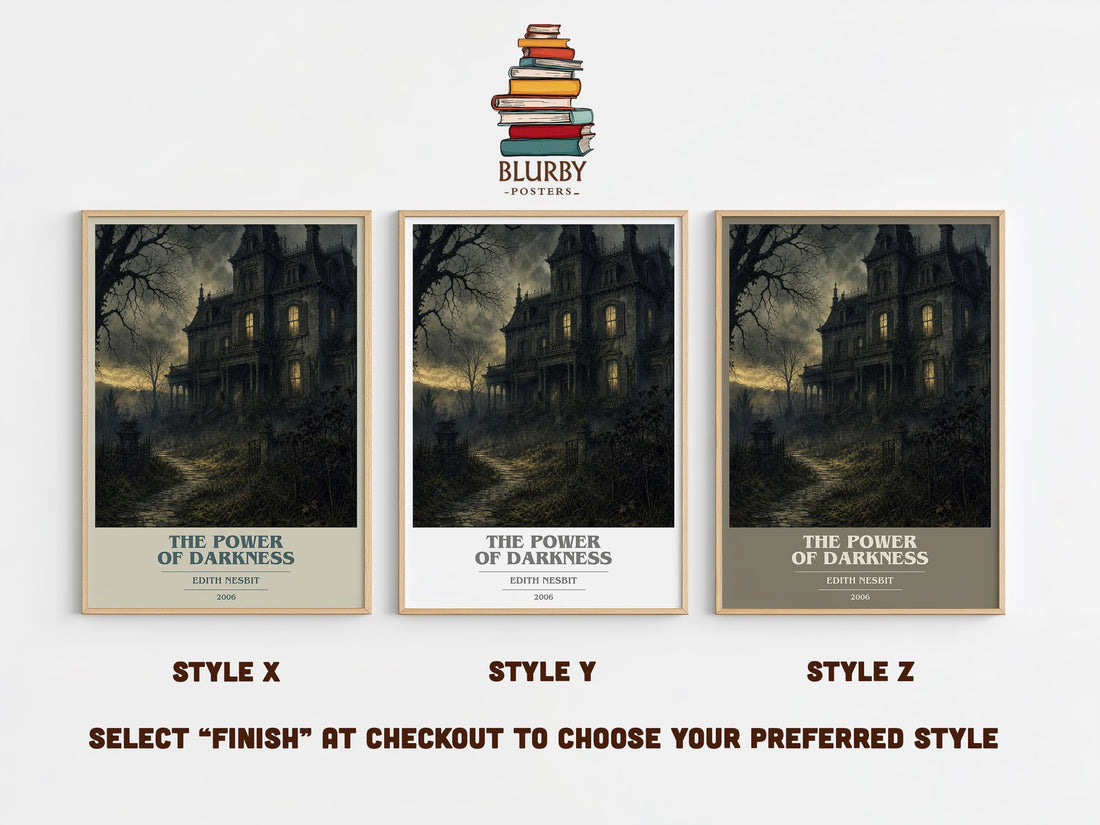 The Power of Darkness book cover print in frame leaning in hallway – gothic wall art (mockup)