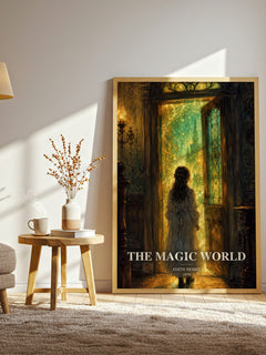 The Magic World watercolour print in frame leaning in hallway – childrens wall art