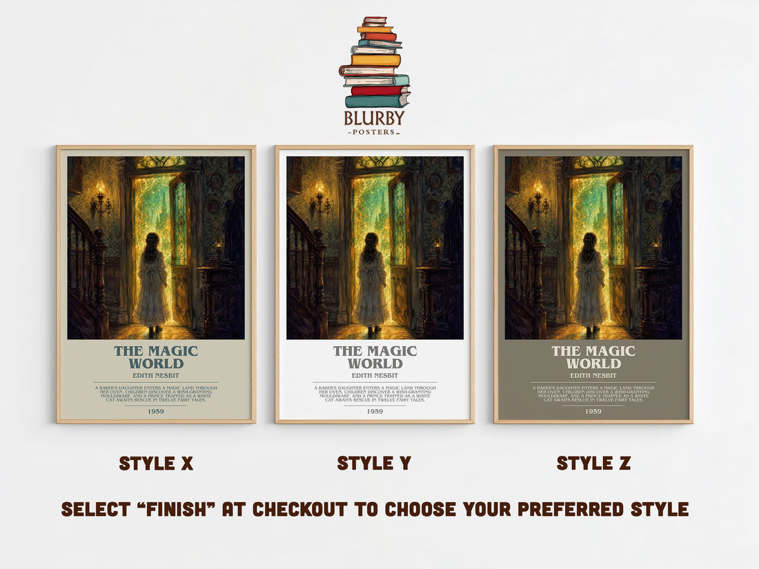 The Magic World bookish print in frame leaning in hallway – childrens wall art (mockup)