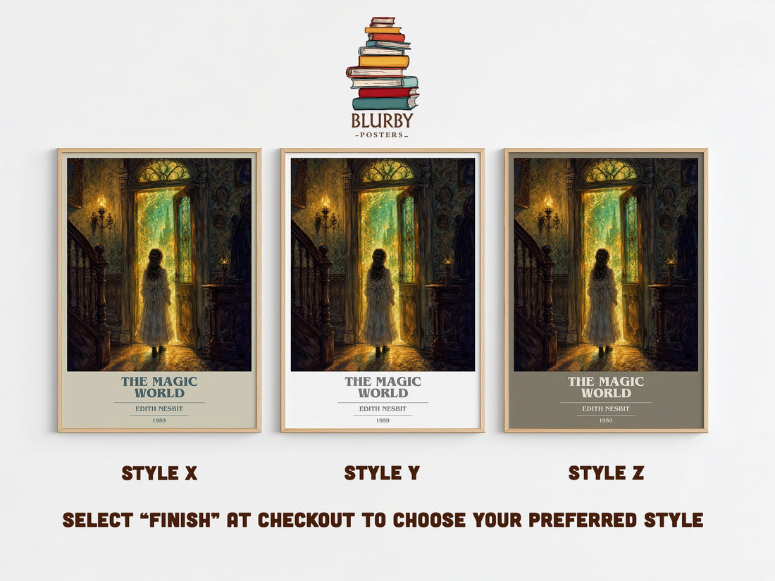 The Magic World book cover print in frame leaning in hallway – childrens wall art (mockup)
