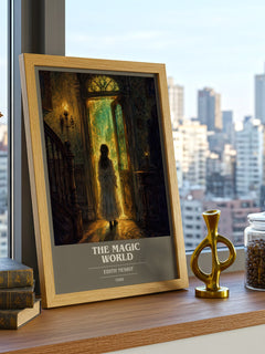 The Magic World book cover print framed by window – literary home decor