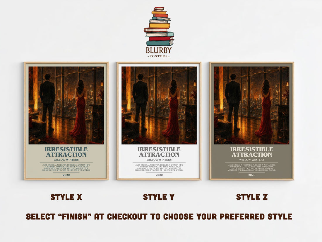 Irresistible Attraction bookish print in frame leaning in hallway – romance wall art (mockup)