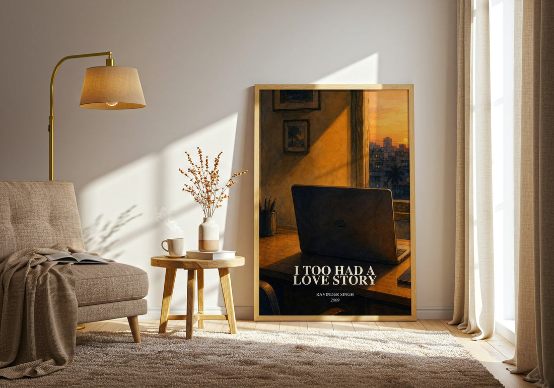 I Too Had a Love Story watercolour print in frame leaning in hallway – memoir wall art