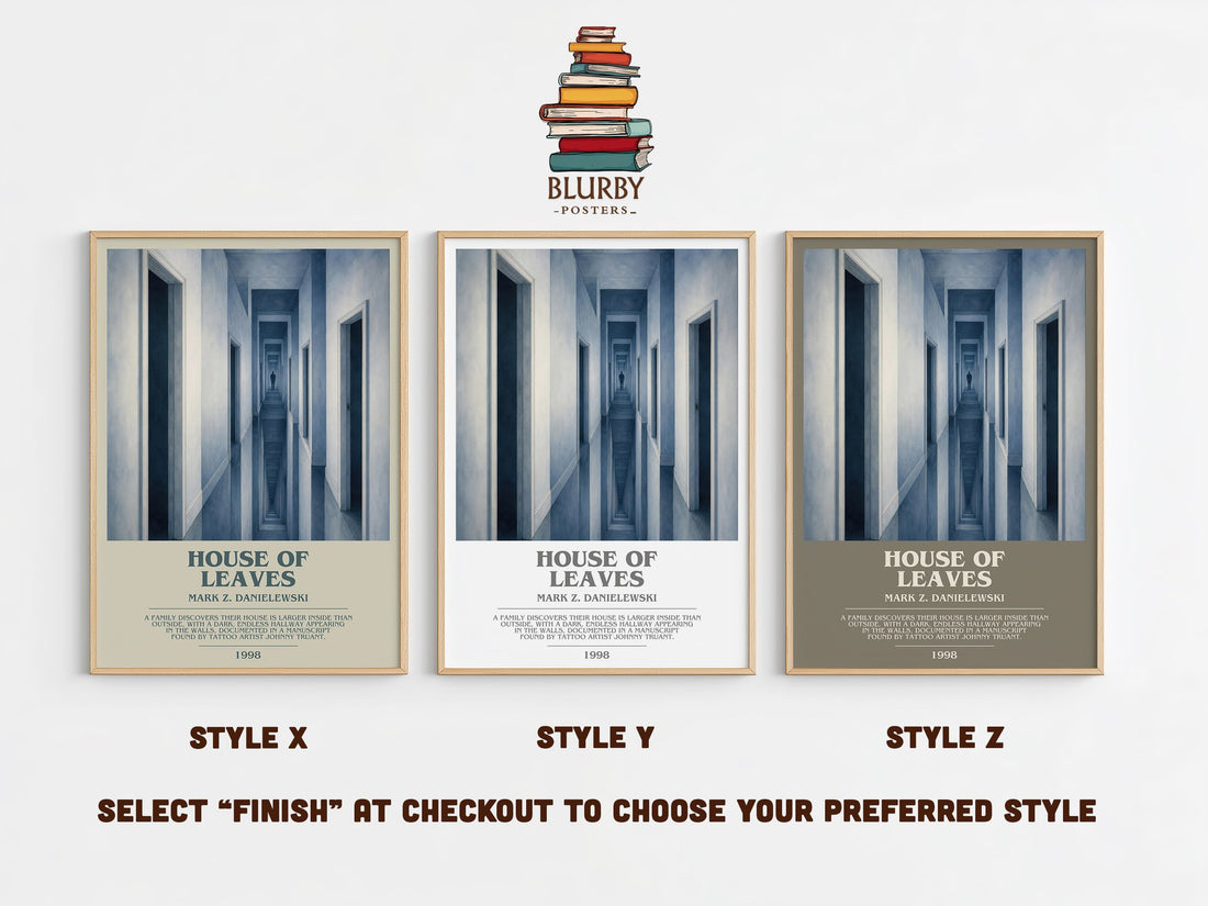 House of Leaves bookish print in frame leaning in hallway – horror wall art (mockup)