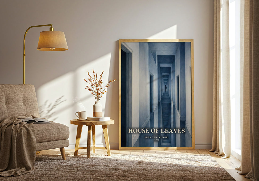 House of Leaves watercolour print in frame leaning in hallway – horror wall art