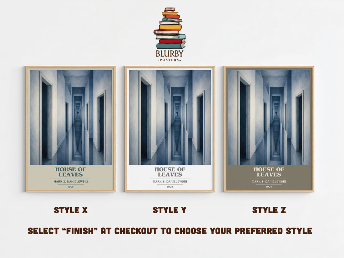 House of Leaves book cover print in frame leaning in hallway – horror wall art (mockup)