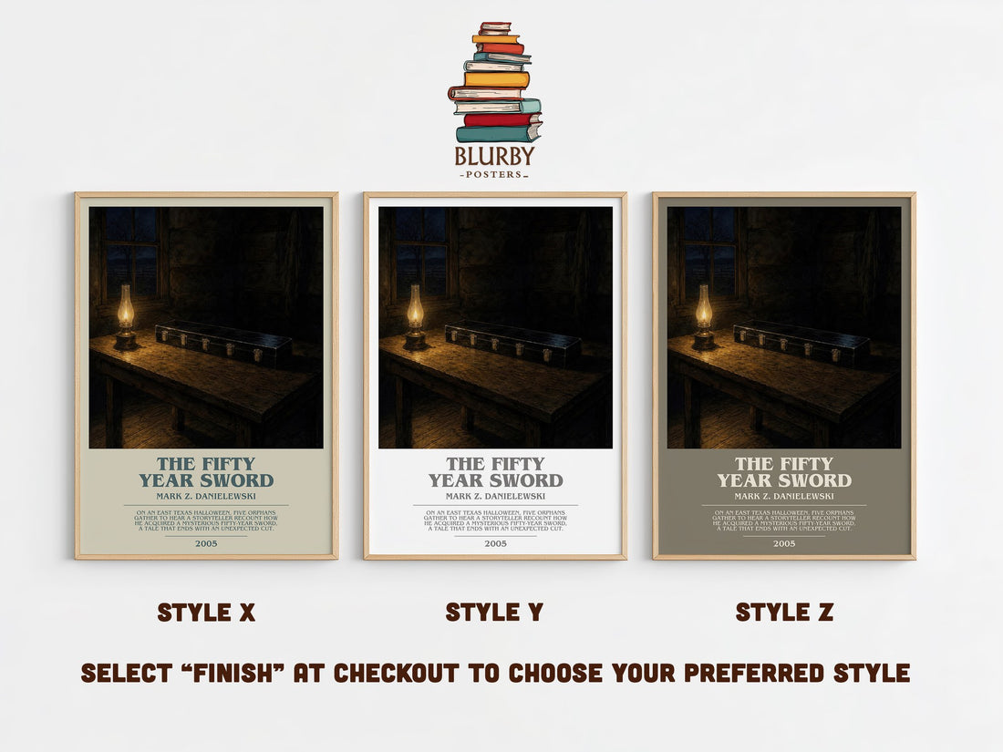 The fifty year sword bookish print in frame leaning in hallway – horror wall art (mockup)