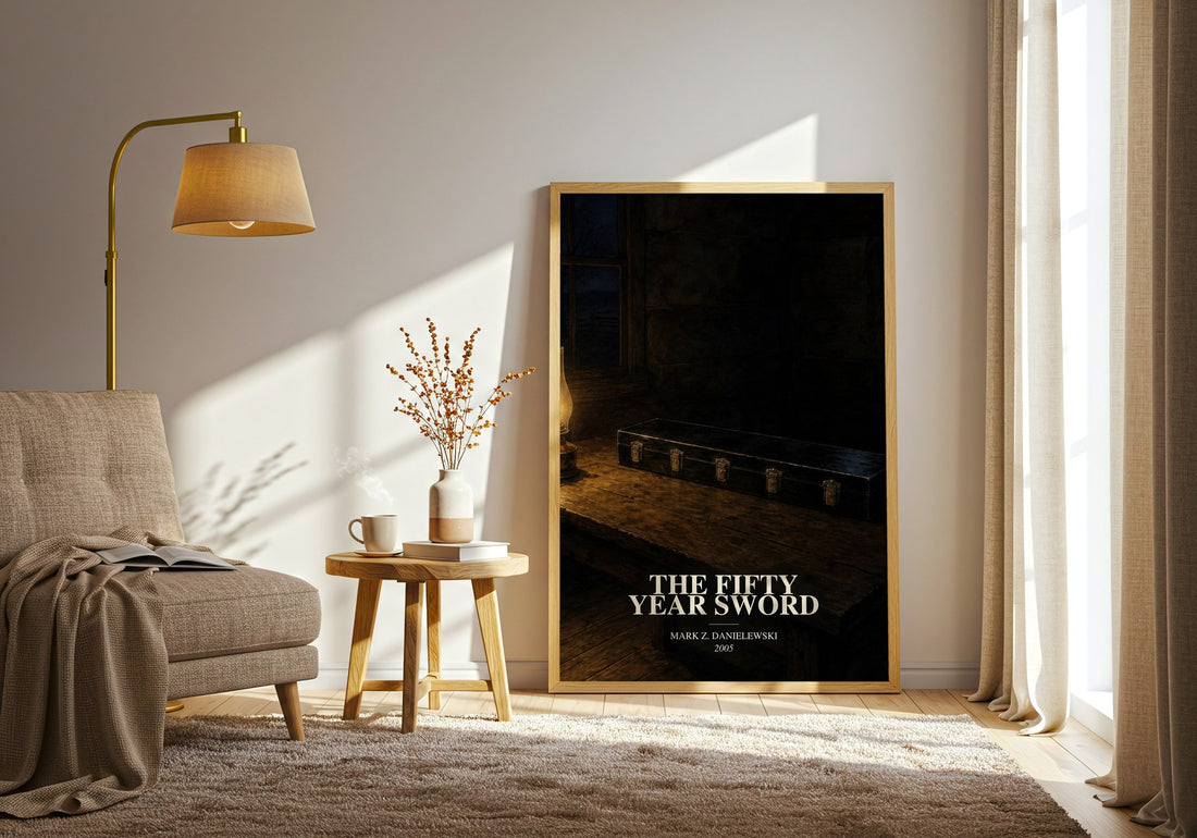 The fifty year sword watercolour print in frame leaning in hallway – horror wall art