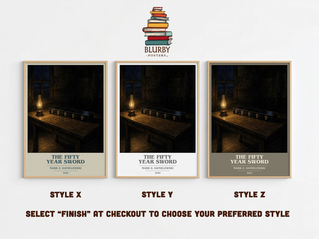 The fifty year sword book cover print in frame leaning in hallway – horror wall art (mockup)