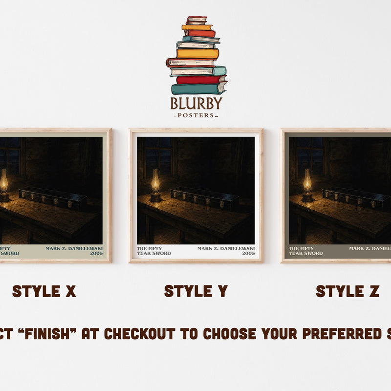 The fifty year sword literary print in frame leaning in hallway – horror wall art