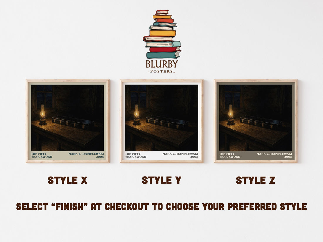 The fifty year sword literary print in frame leaning in hallway – horror wall art (mockup)
