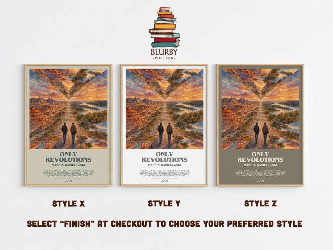 Only Revolutions bookish print in frame leaning in hallway – literary fiction wall art (mockup)