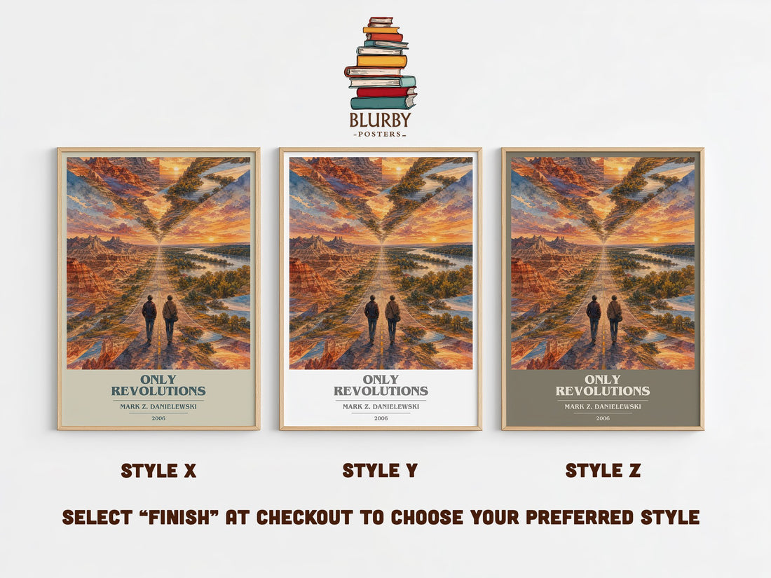 Only Revolutions book cover print in frame leaning in hallway – literary fiction wall art (mockup)