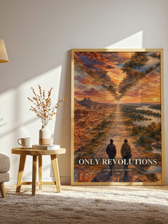 Only Revolutions watercolour print in frame leaning in hallway – literary fiction wall art