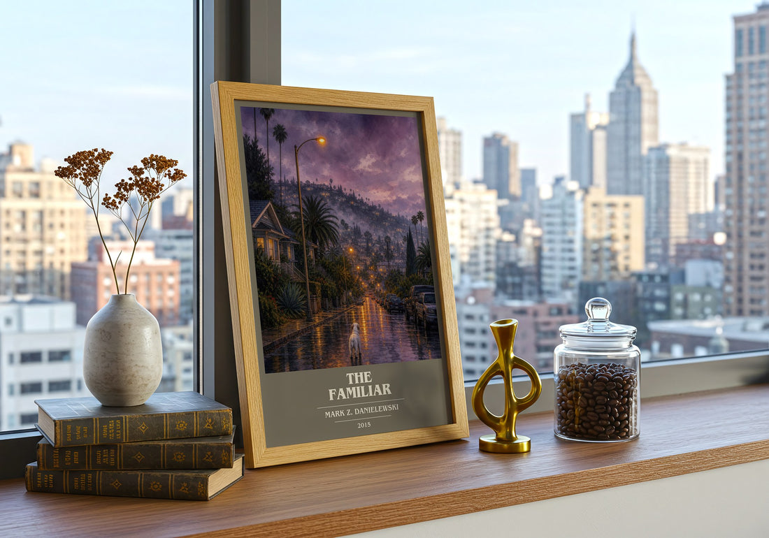 The familiar book cover print framed by window – literary home decor