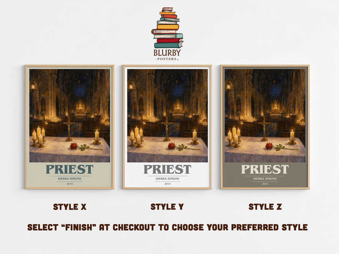 Priest book cover print in frame leaning in hallway – romance wall art (mockup)