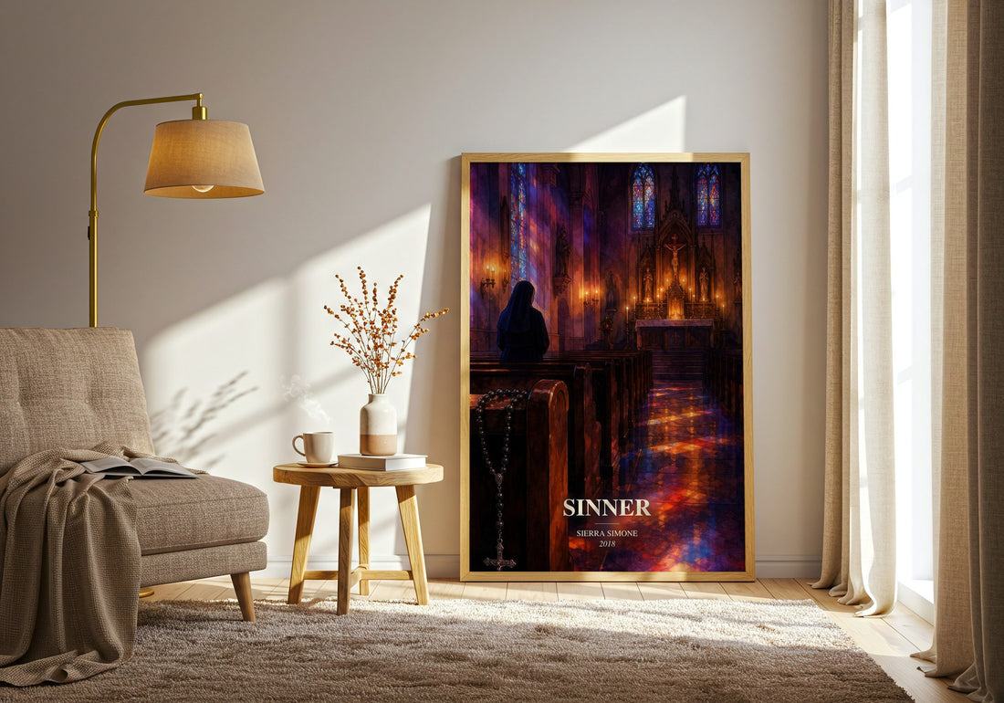 Sinner watercolour print in frame leaning in hallway – romance wall art