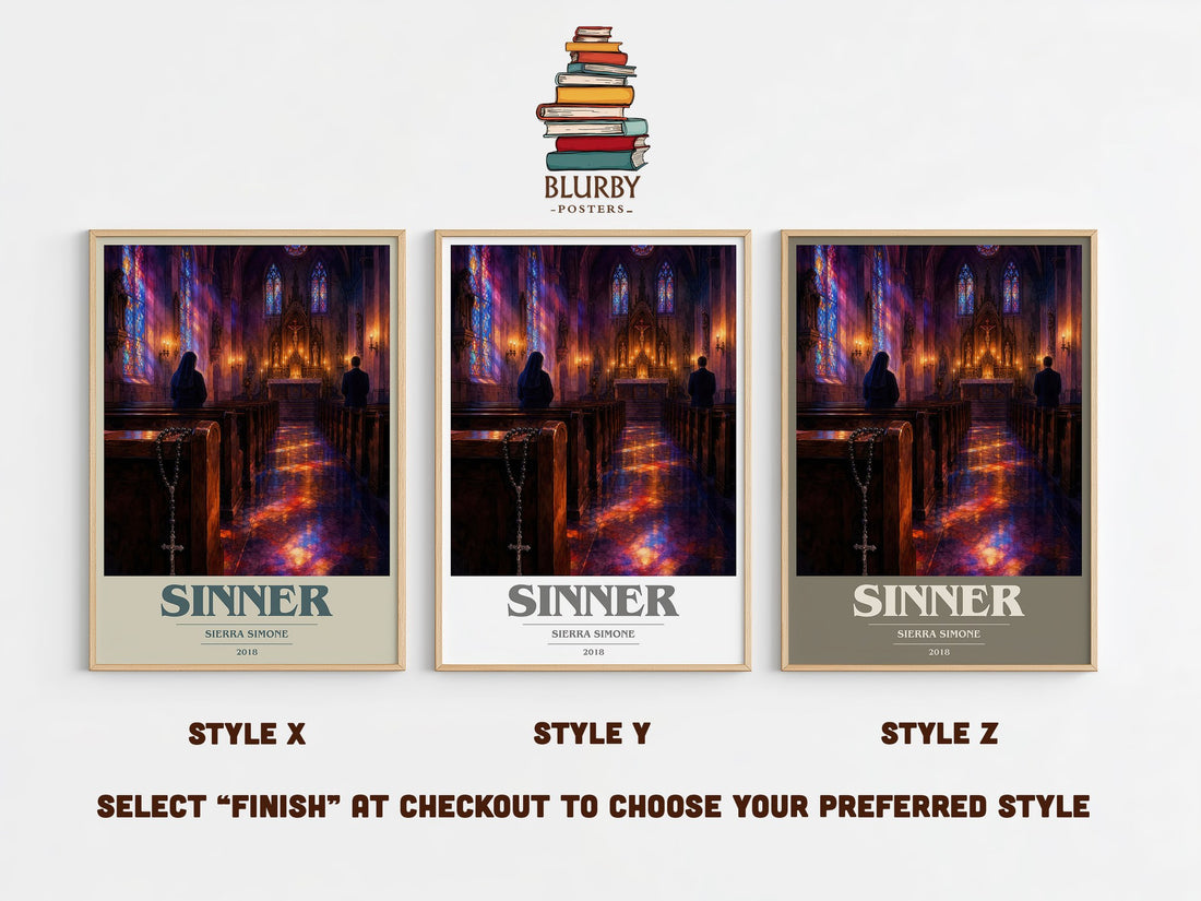 Sinner book cover print in frame leaning in hallway – romance wall art (mockup)