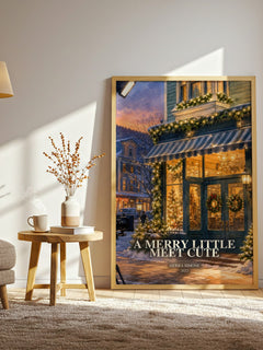 A Merry Little Meet Cute watercolour print in frame leaning in hallway – romance wall art