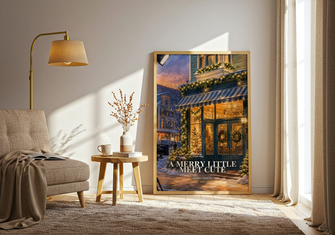 A Merry Little Meet Cute watercolour print in frame leaning in hallway – romance wall art