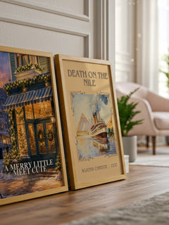 A Merry Little Meet Cute watercolour print framed by window – literary home decor