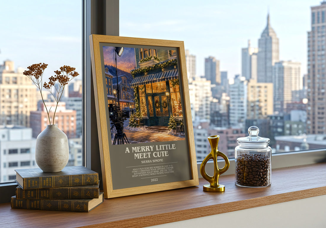 A Merry Little Meet Cute bookish print framed by window – literary home decor