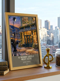 A Merry Little Meet Cute book cover print framed by window – literary home decor