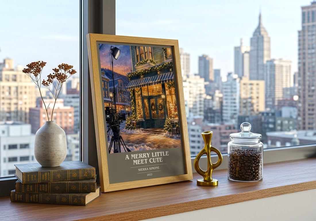 A Merry Little Meet Cute book cover print framed by window – literary home decor