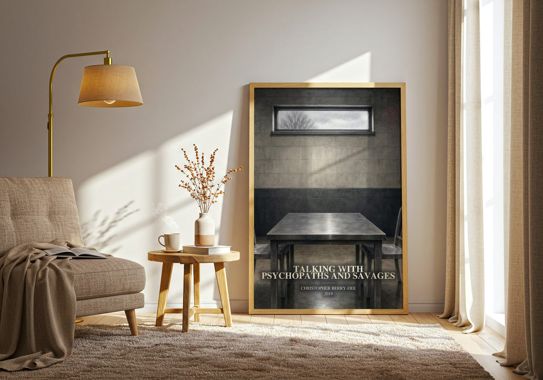 Talking With Psychopaths and Savages watercolour print in frame leaning in hallway – non fiction wall art