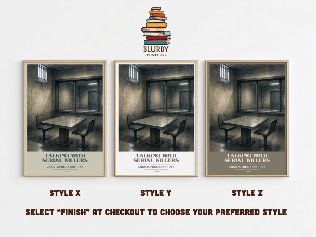 Talking with Serial Killers book cover print in frame leaning in hallway – non fiction wall art (mockup)