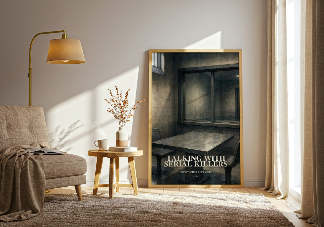 Talking with Serial Killers watercolour print in frame leaning in hallway – non fiction wall art
