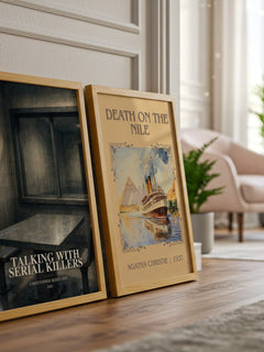 Talking with Serial Killers watercolour print framed by window – literary home decor