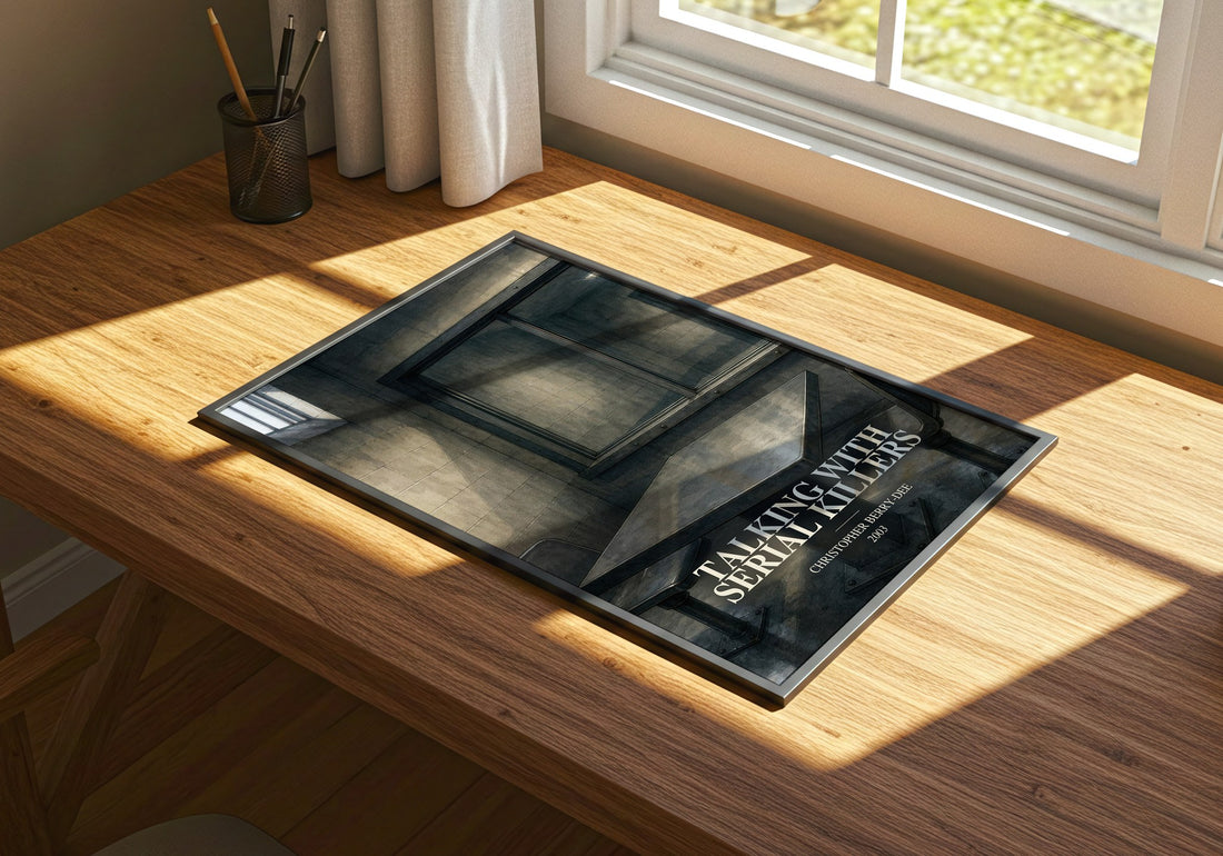 Talking with Serial Killers watercolour book poster framed on wall – non fiction wall art