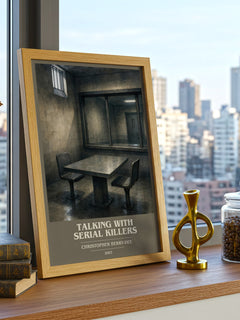 Talking with Serial Killers book cover print framed by window – literary home decor