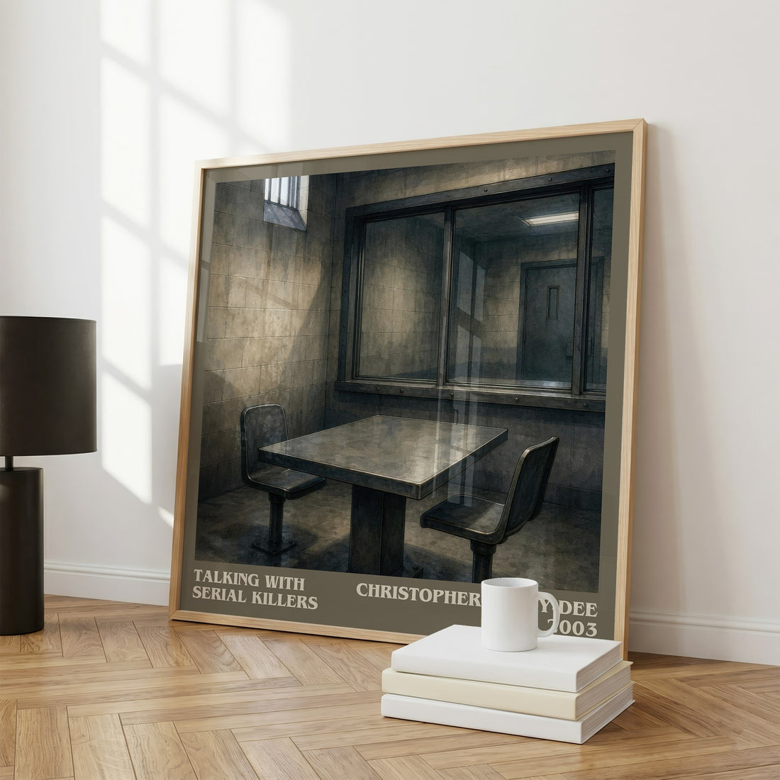 Talking with Serial Killers literary print framed by window – literary home decor