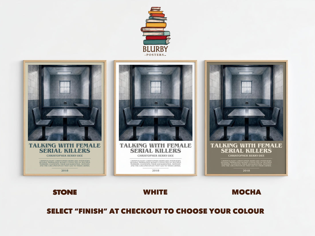 Talking With Female Serial Killers bookish print framed by window – Stone, White and Mocha side by side – choose your colour