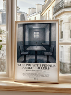 Talking With Female Serial Killers bookish print in frame leaning in hallway – non fiction wall art