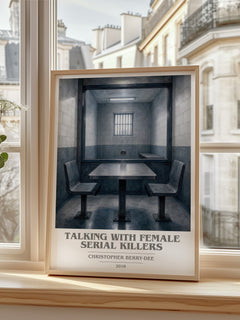 Talking With Female Serial Killers book cover print in frame leaning in hallway – non fiction wall art