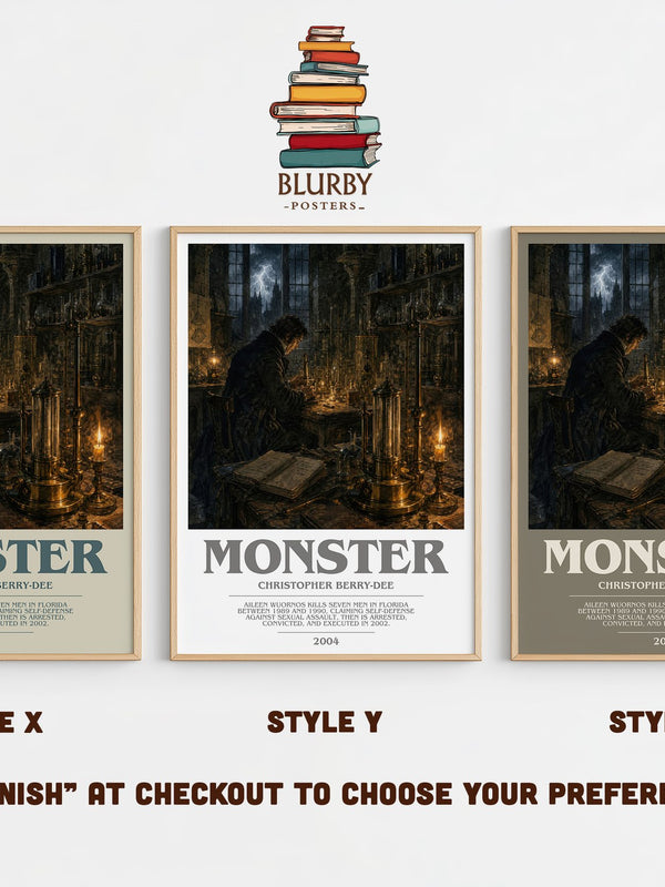 Monster bookish print in frame leaning in hallway – non fiction wall art