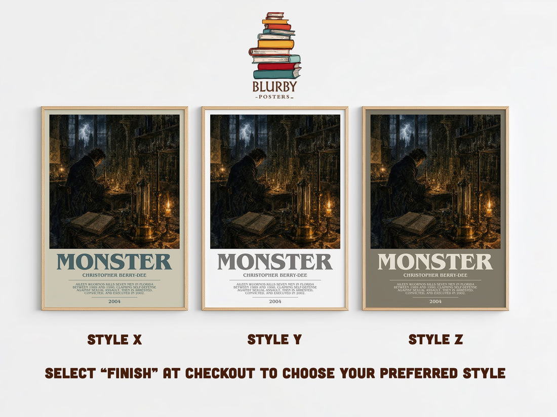 Monster bookish print in frame leaning in hallway – non fiction wall art (mockup)