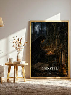 Monster watercolour print in frame leaning in hallway – non fiction wall art