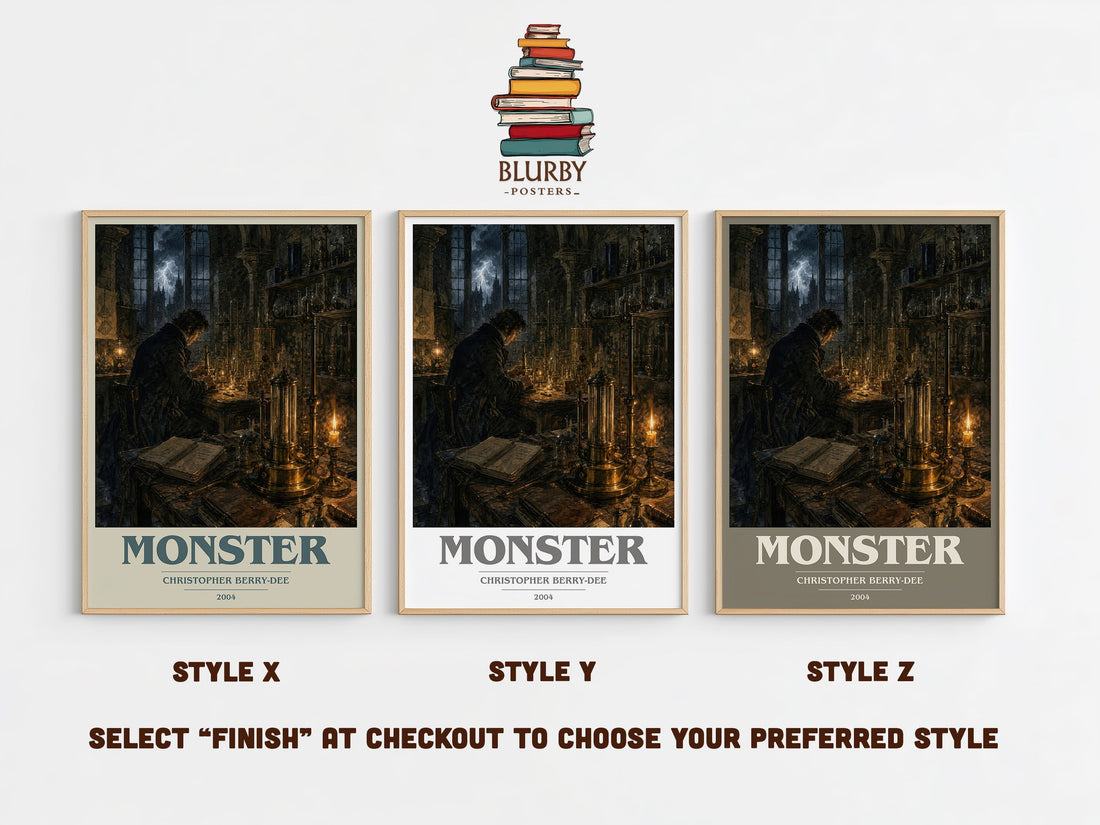 Monster book cover print in frame leaning in hallway – non fiction wall art (mockup)